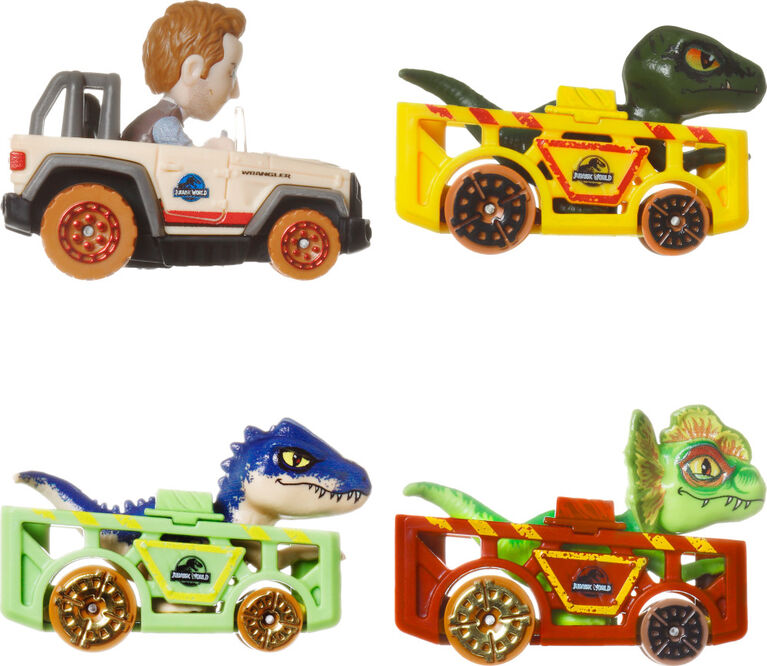 Hot Wheels RacerVerse, Set of 4 Die-Cast Hot Wheels Cars with Jurassic World Characters as Drivers