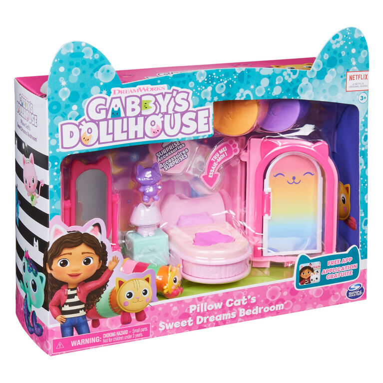 DreamWorks, Gabby's Dollhouse, Sweet Dreams Bedroom avec figurine Pillow Cat et 3 accessoires, 3 meubles et 2 boîtes surprises