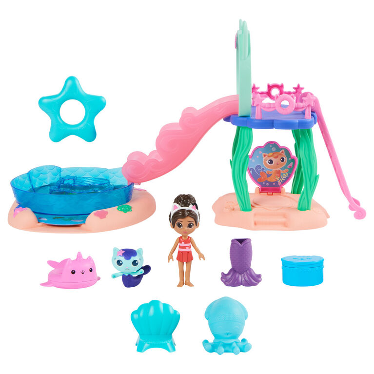 Gabby's Dollhouse, Purr-ific Pool Playset with Gabby and MerCat Figures, Color-Changing Mermaid Tails and Pool Accessories