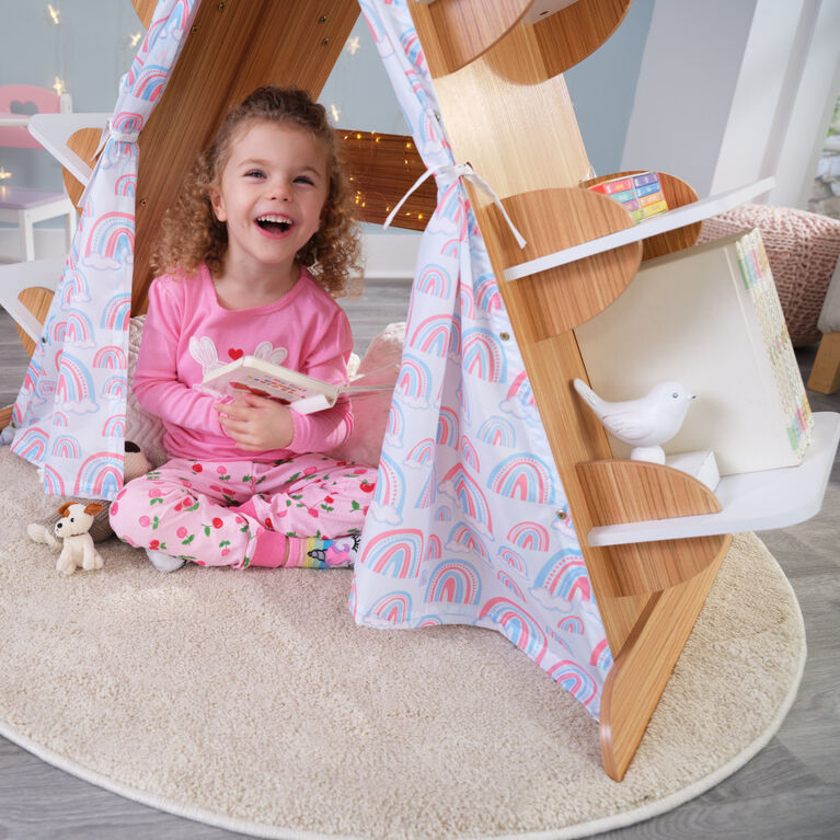 KidKraft Wood Book Nook Tent with 6 Shelves, Children's Bookcase, Caramel Ash Color