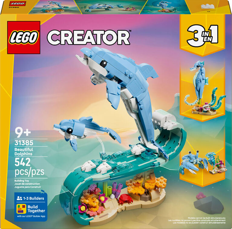 LEGO Creator 3 en 1 Les Animaux Marins : Les Magnifiques Dauphins, Jouets, Se Transforme en Hippocampe ou en Crabe 31385