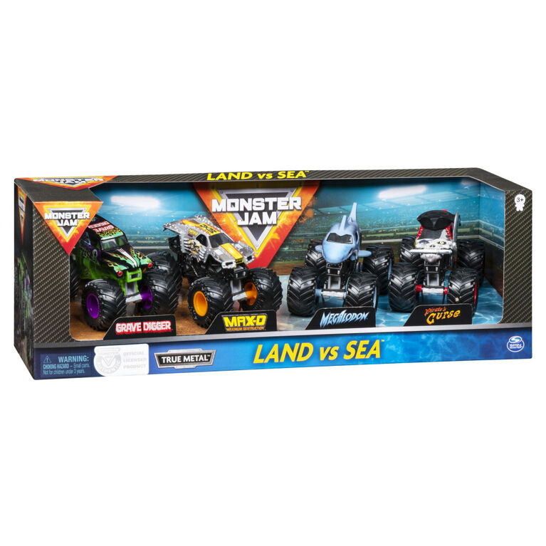 Monster Jam, Land vs. Sea 4 Pack (Grave Digger, Max-D, Megalodon, and Pirate's), 1:64 Scale Die-Cast Vehicles