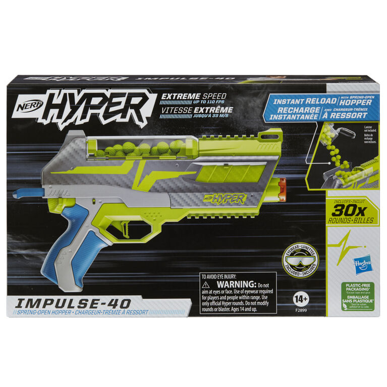 Nerf Hyper Impulse-40 Blaster, 30 Nerf Hyper Rounds, Spring-Open Instant Reload Hopper, Up To 110 FPS Velocity, Eyewear Included