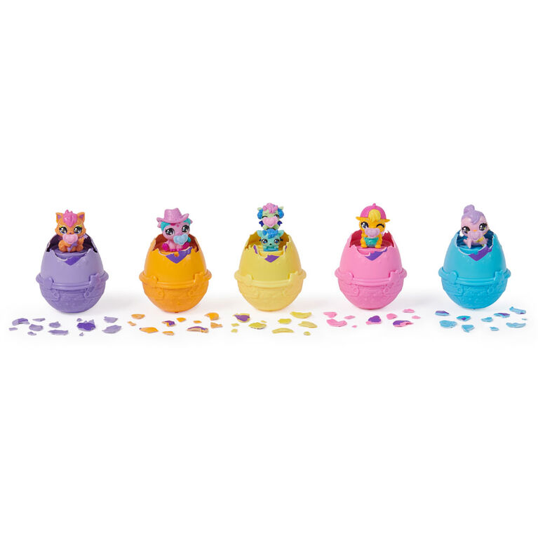 Hatchimals Alive, Boîte d'oeufs rose et jaune, jouet avec 6 mini figurines dans des oeufs qui éclosent tout seuls, 11 accessoires