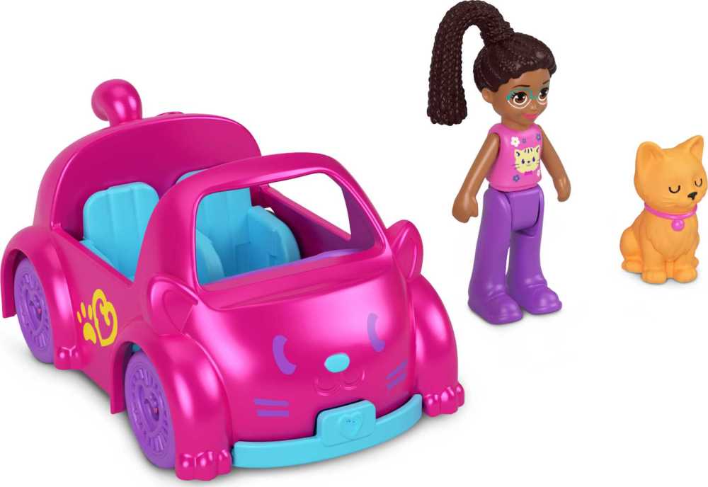 Polly Pocket Micro Doll with CatThemed Diecast Car and Mini Pet