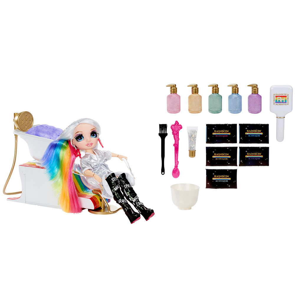 Studio de coiffure Rainbow High : créez des cheveux arc-en-ciel avec la  poupée exclusive et la couleur lavable pour cheveux 