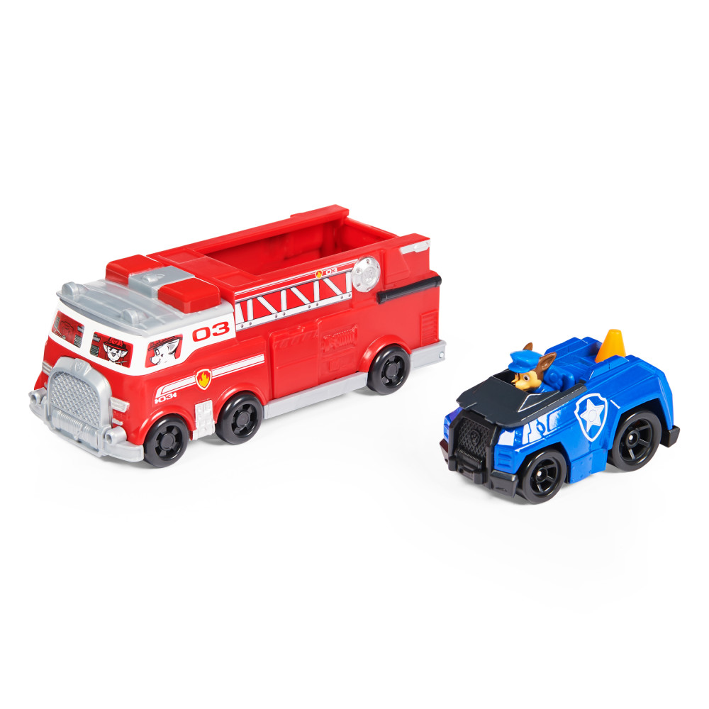 Super Camion De Pompier Pat Patrouille PAW Patrol, True Metal Camion de pompier d'équipe en métal moulé avec voiture de Chase à l'échelle 1:55 | Toys R Us Canada