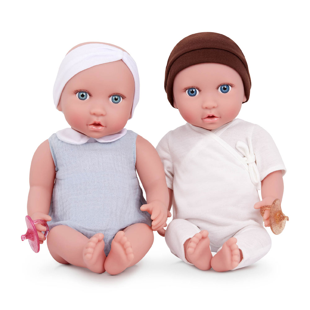 Babi Twin Dolls Blue Eyes, White Headband and Brown Hat 14inch Baby