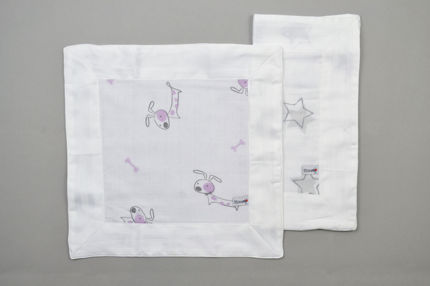 BBZanimo 2Pack muslin security blanket Dog Purple + Stars grey