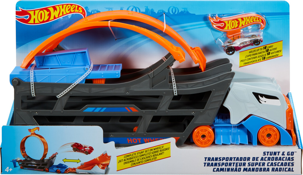 hot wheels stunt & go hauler with 10 vehicles