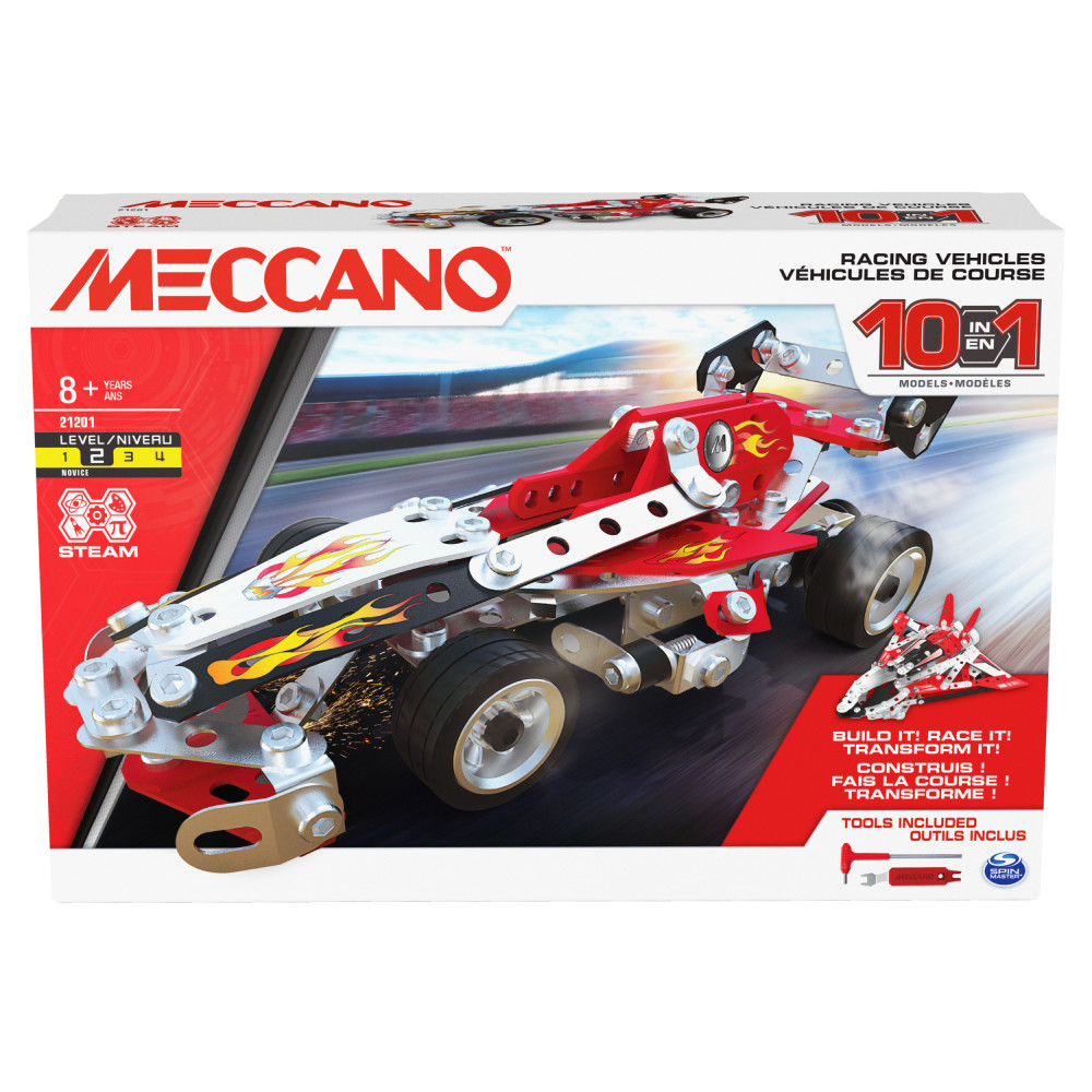Meccano, 10in1 Racing Vehicles STEM Model Building Kit with 225 Parts